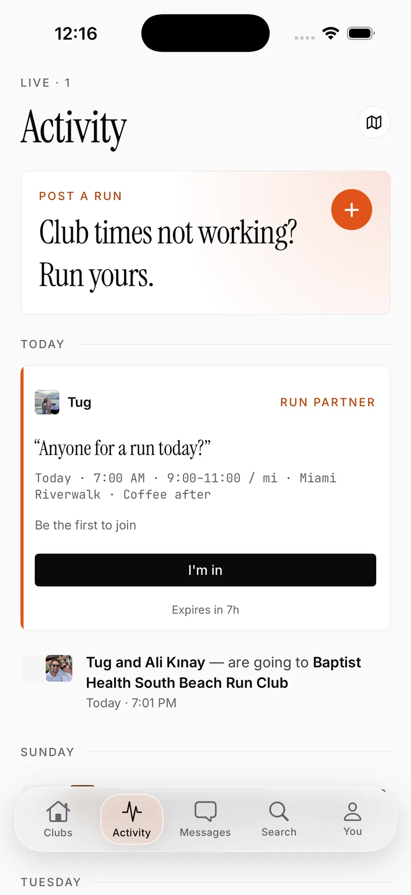 The ODDS Running activity tab with a run-partner post open for joiners