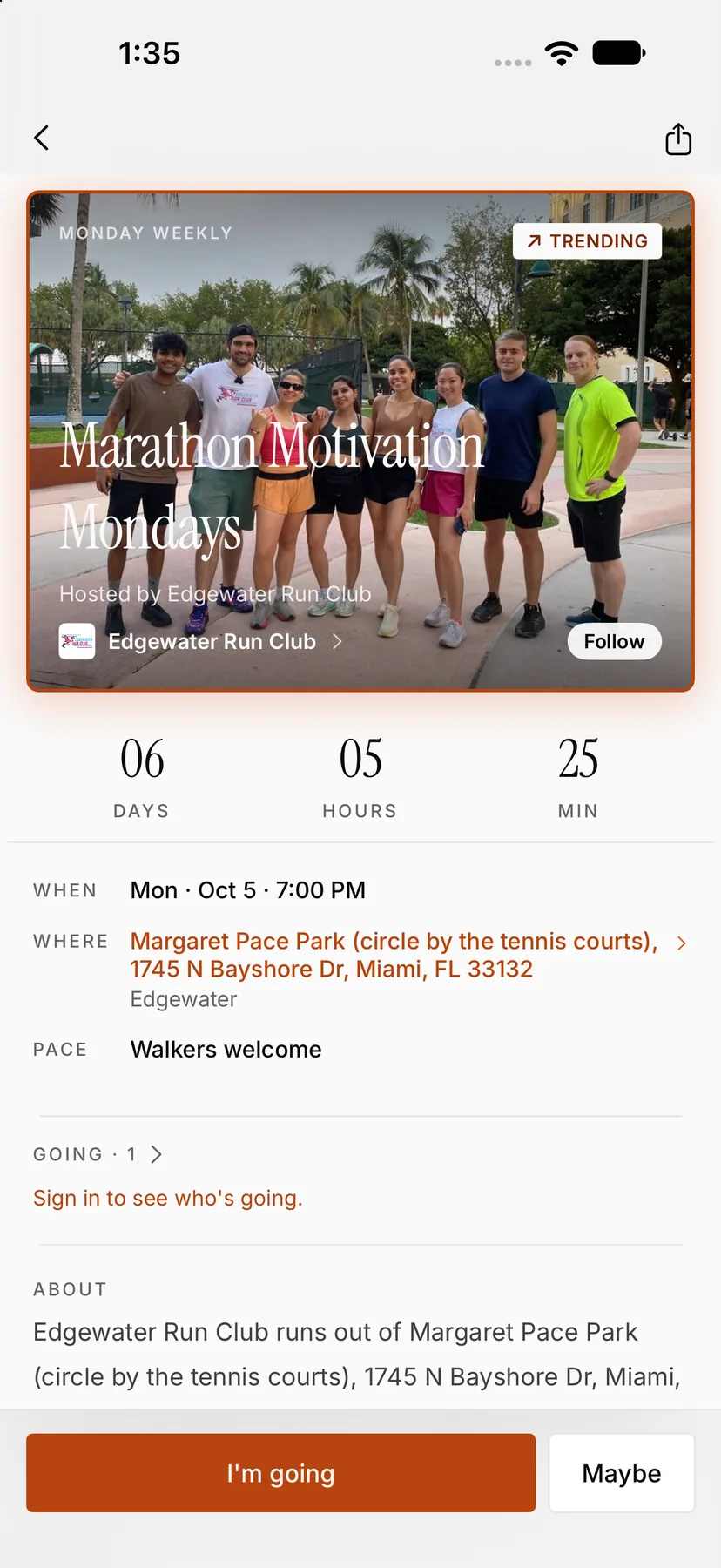 An ODDS Running event page with the countdown, meeting point and who's going